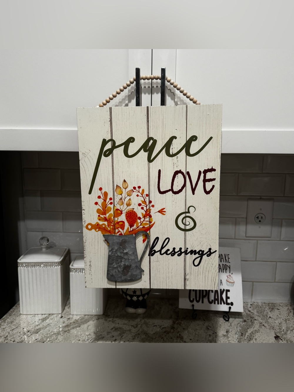 Peace Love & Blessings Rustic Wall Sign - Cream with Autumn Accents